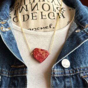 Heart-Shaped Red Stone Necklace with Gold Chain